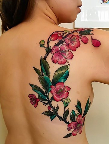 Cherry Blossom branch tattoo by Custom tattoos by Adam Sky, San Francisco, California
