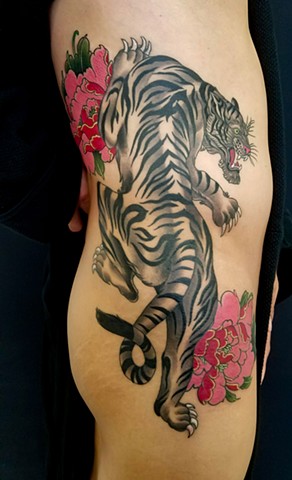 White Tiger and Peonies Tattoo by Adam Sky, San Francisco, California