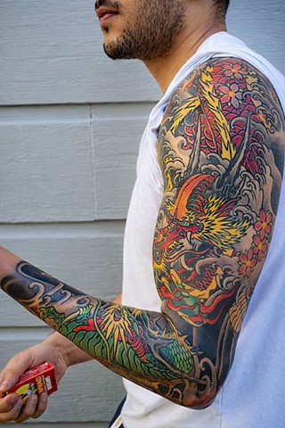 Red Dragon Half Sleeve Tattoo by Adam Sky, San Francisco, California