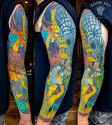 Tiki Sleeve Tattoo by Adam Sky, Morningstar Tattoo Parlor, Belmont, Bay Area, California