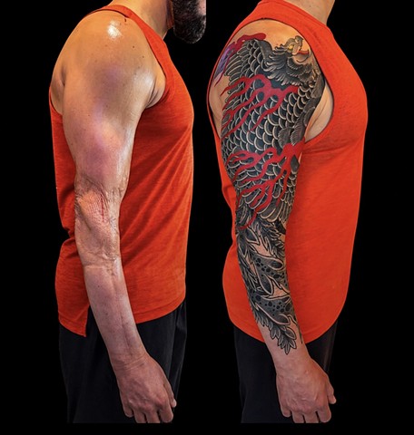 Phoenix Tattoo Scar Cover Up Sleeve by Adam Sky, San Francisco, Bay Area, California