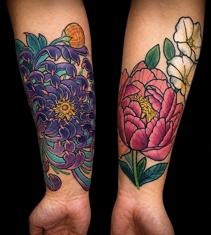 Chrysanthemum and Peony Flower by Adam Sky, Morningstar Tattoo, Belmont, Bay Area, California