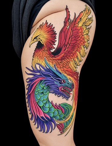 Phoenix and Dragon Tattoo by Adam Sky, San Francisco, Bay Area, California