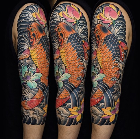 Koi Fish and Lotus Flower Sleeve by Custom tattoos by Adam Sky, San Francisco, California
