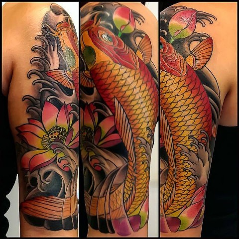 Koi and lotus half sleeve tattoo by Custom tattoos by Adam Sky, San Francisco, California