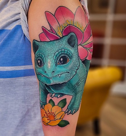 Bulbasaur Tattoo by Adam Sky, Morningstar Tattoo Parlor, Belmont, Bay Area, California