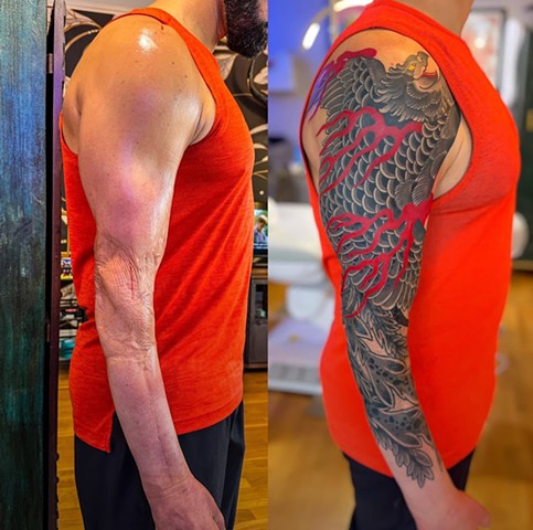 Phoenix Tattoo Scar Cover Up Sleeve by Adam Sky, San Francisco, Bay Area, California