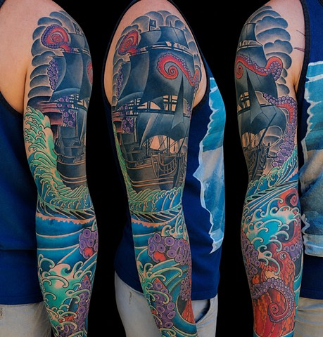 Pirate Ship and Kraken Sleeve Tattoo by Adam Sky, Morningstar Tattoo Parlor, Belmont, Bay Area, California