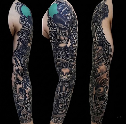 Monkey King and Foo Dog Sleeve tattoo by Custom tattoos by Adam Sky, San Francisco, California