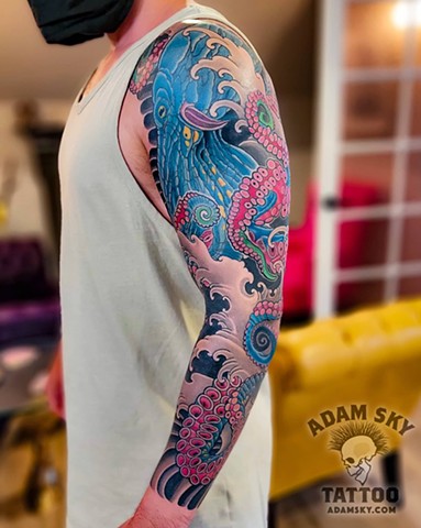 Blue Octopus Sleeve by Adam Sky, Morningstar Tattoo, Belmont, Bay Area, California