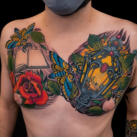 Death's-Head Moths and Lantern Tattoo by Adam Sky, Morningstar Tattoo Parlor, Belmont, Bay Area, California