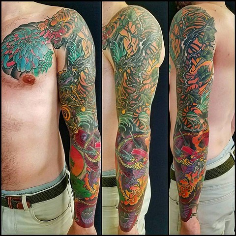 Tiger and Dragon Sleeve Tattoo by Adam Sky, San Francisco, California