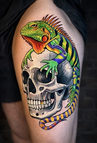 Iguana and Skull Tattoo by Custom Tattoos by Adam Sky, San Francisco, Bay Area, California