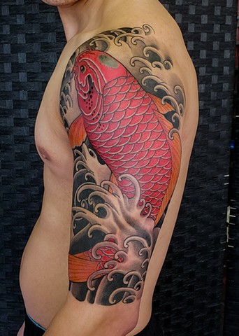 Red Koi Fish Half Sleeve Tattoo by Adam Sky, Hold Fast Studio, Redwood City, Bay Area, California