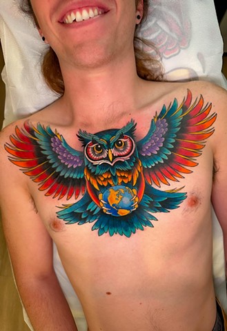 Owl and Globe Tattoo by Adam Sky, Morningstar Tattoo, Belmont, Bay Area, California