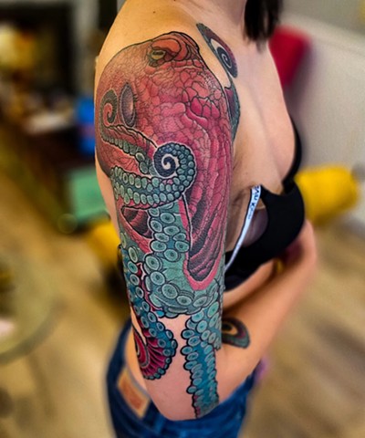 Pink Octopus by Adam Sky, Morningstar Tattoo Parlor, Belmont, Bay Area, California