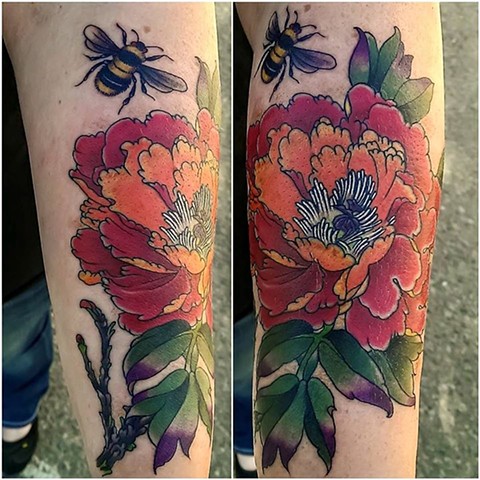 Peony and bumblebee tattoo by Custom tattoos by Adam Sky, San Francisco, California