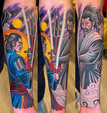 Samurai Anakin vs. Obi-Wan Tattoo by Adam Sky, Morningstar Tattoo, Belmont, Bay Area, California