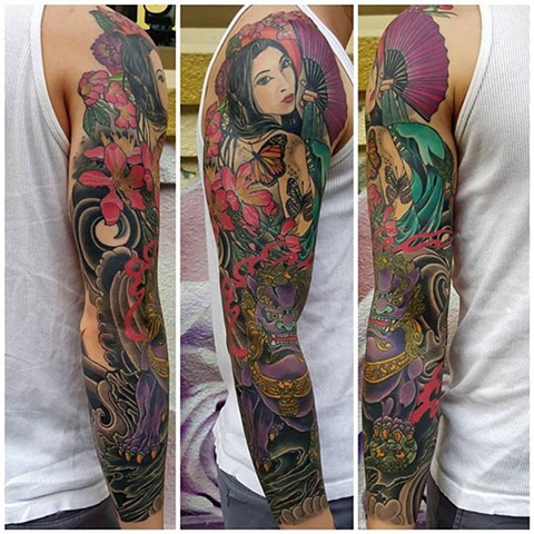 Iron Fan Princess and Foo Dog Sleeve Tattoo by Custom tattoos by Adam Sky, San Francisco, California