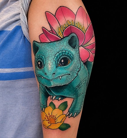 Bulbasaur Tattoo by Adam Sky, Morningstar Tattoo Parlor, Belmont, Bay Area, California