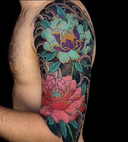 Peony Flower Half Sleeve Tattoo by Adam Sky, Redwood City, Bay Area, California
