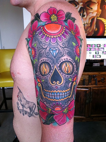 Sugar Skulls tattoo by Custom tattoos by Adam Sky, San Francisco, California