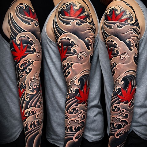 Waves and Japanese Maple Leaves Sleeve by Adam Sky, San Francisco, Bay Area, California
