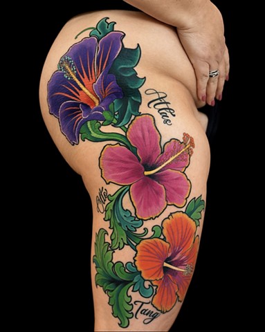 Hibiscus Flowers Tattoo by Adam Sky, Morningstar Tattoo, Belmont, Bay Area, California