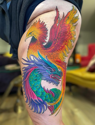 Phoenix and Dragon Tattoo by Adam Sky, Morningstar Tattoo, Belmont, Bay Area, California