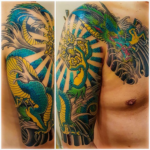 Brandon's Blue Dragon Half Sleeve Tattoo by Custom tattoos by Adam Sky, San Francisco, California