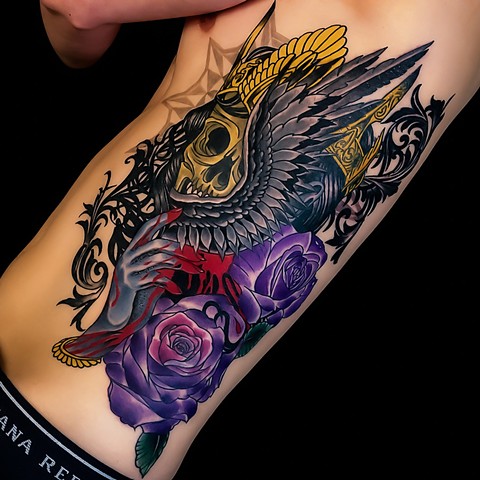 "My Beautiful Addiction" skull and wing tattoo by Custom tattoos by Adam Sky, San Francisco, California