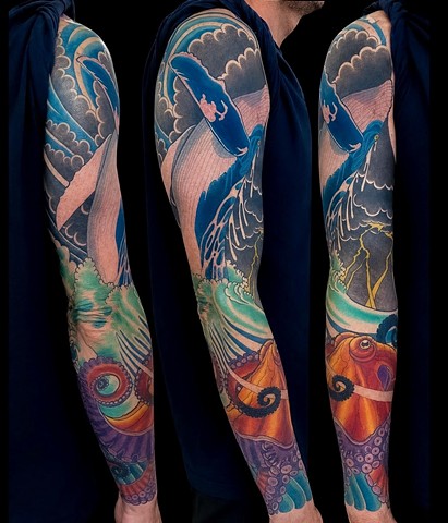 Octopus and Whale Sleeve by Adam Sky, Morningstar Tattoo Parlor, Belmont, Bay Area, California