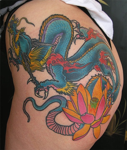 dragon and lotus tattoo by Adam Sky, San Francisco, California