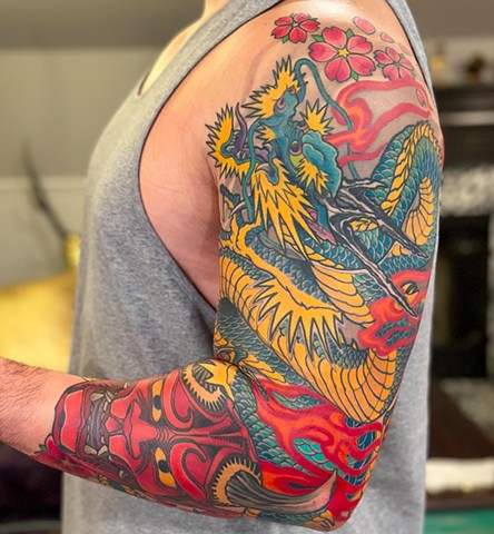 Dragon and Hannya Sleeve by Adam Sky, Morningstar Tattoo, Belmont, Bay Area, California