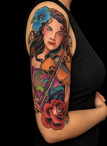 Art Nouveau Violinist Tattoo by Adam Sky, Morningstar Tattoo Parlor, Belmont, Bay Area, California