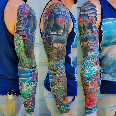 Pirate Ship and Kraken Sleeve Tattoo by Adam Sky, Morningstar Tattoo Parlor, Belmont, Bay Area, California