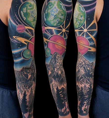 Space and Mountains Sleeve Tattoo by Adam Sky, Moringstar Tattoo, Belmont, Bay Area, California