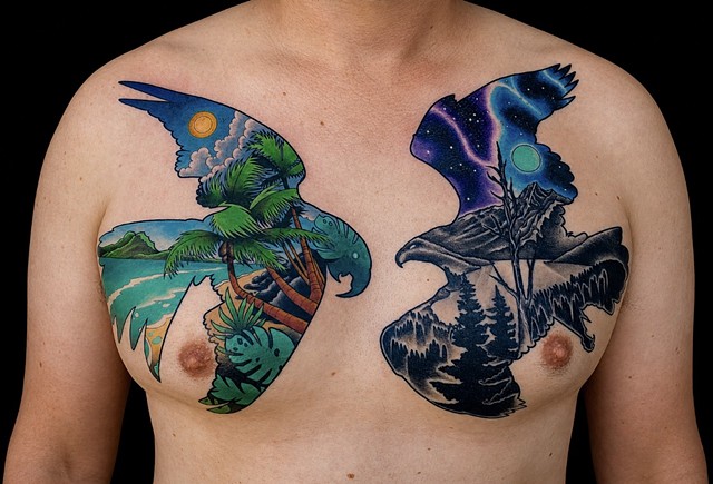 Parrot and Eagle Silhouette Tattoo by Adam Sky, San Francisco, Bay Area, California 