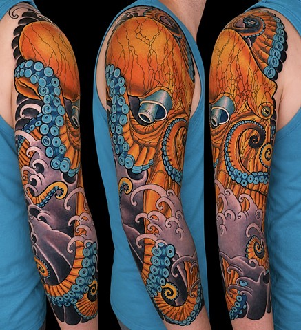 Yellow Octopus Tattoo Sleeve by Custom Tattoos by Adam Sky