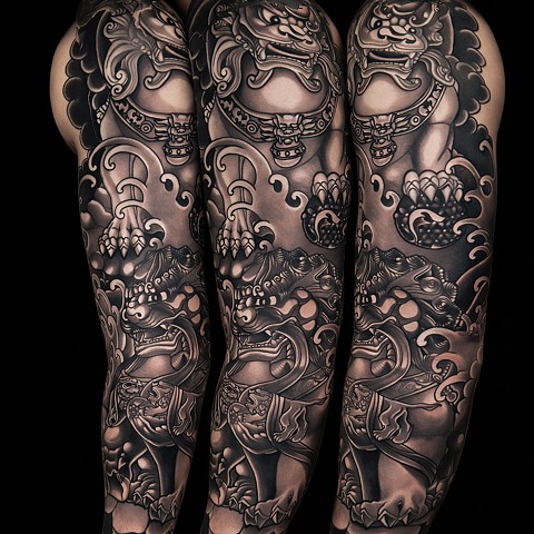 Foo Dog Sleeve Tattoo by Adam Sky, San Francisco, Bay Area, California