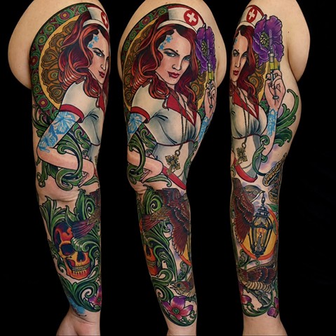 Nurse Sleeve tattoo by Custom tattoos by Adam Sky, San Francisco, California