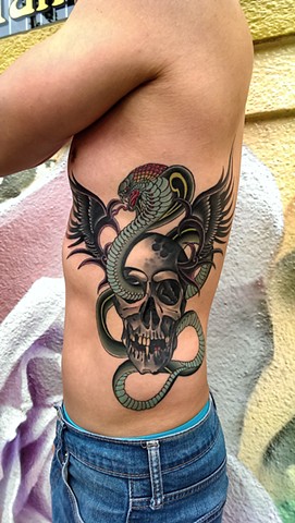 Skull and cobra tattoo by Custom tattoos by Adam Sky, San Francisco, California
