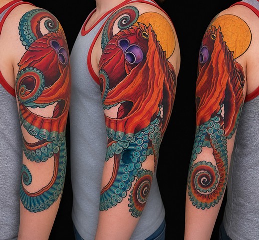 Octopus and Moon Tattoo by Adam Sky, Morningstar Tattoo, Belmont, Bay Area, California