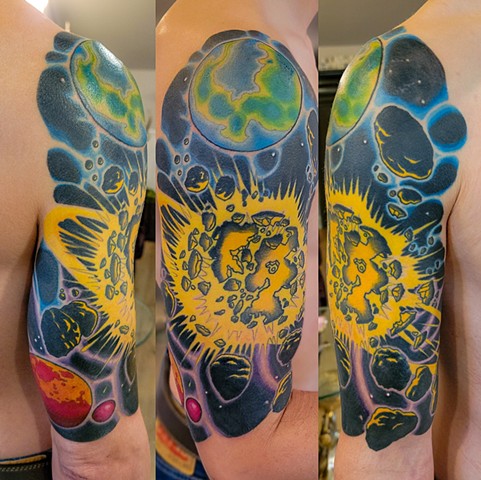 Exploding Planet Tattoo by Adam Sky, Morningstar Tattoo, Belmont