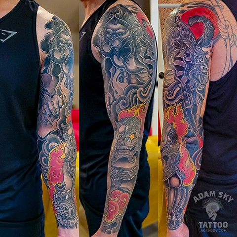 Foo Dog and Monkey King Sleeve Tattoo by Adam Sky, Morningstar Tattoo Parlor, Belmont, Bay Area, California