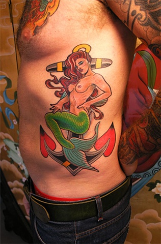 mermaid and anchor tattoo by Custom tattoos by Adam Sky, San Francisco, California
