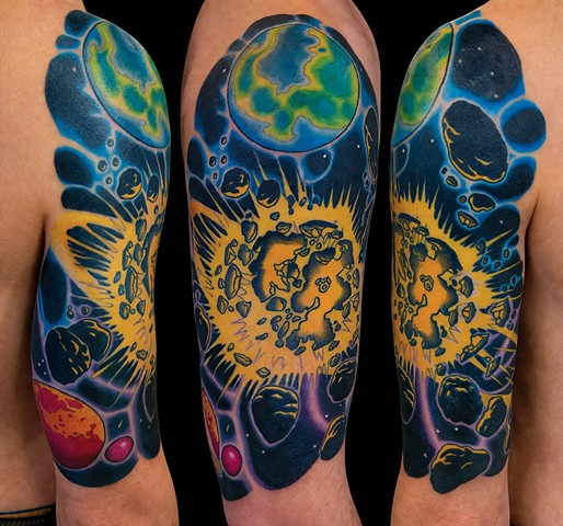 Exploding Planet Tattoo by Adam Sky, Morningstar Tattoo, Belmont