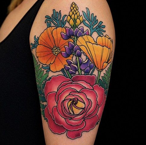 California Wildflowers by Adam Sky, Morningstar Tattoo Parlor, Belmont, Bay Area, California