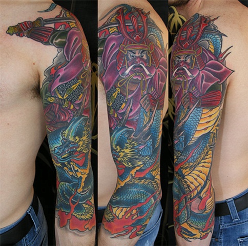 samurai and dragon sleeve tattoo by Custom tattoos by Adam Sky, San Francisco, California