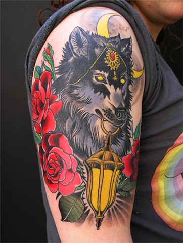 Cyn's Wolf and Lantern Tattoo by Custom tattoos by Adam Sky, San Francisco, California